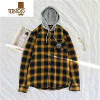 YANXU连帽抽绳格子长袖衬衫男青少年港风宽松外套潮流百搭黑白格打底衫