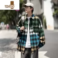 YANXU港风渐变格子长袖衬衫男秋装加肥加大码潮胖人宽松休闲衬衣薄外套