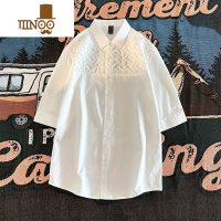 YANXU夏季短袖白色衬衫男潮牌小众设计感日系休闲痞风宽松衬衣外套