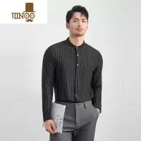 YANXU高端中式立领衬衫男长袖丝滑高弹力修身休闲条纹圆领衬衣男