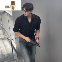 YANXU黑色男士短袖衬衫潮牌感英伦雅痞男装穿搭七分半袖衬衣修身男