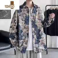 YANXU卡通小熊满印花大码衬衫男胖子美式复古上衣外套港风衬长袖衣