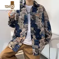 YANXU小熊痞帅长袖衬衫男大码港风胖子日系外套潮ins黑色衬衣