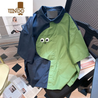 YANXU日系学院风撞色拼接可爱短袖衬衫外套男女夏休闲chic港风正肩上衣