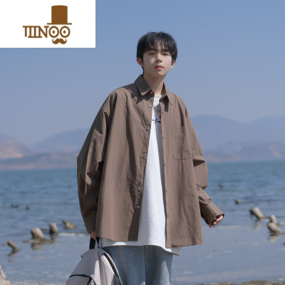 YANXU衬衫男生夏季薄款日系纯色长袖潮流衬衣复古港风chic外套衣服