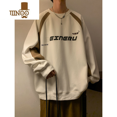 YANXU撞色复古圆领上衣男春季美式vintage外套青少年宽松廓形卫衣