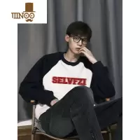 YANXU美式复古潮牌拼色插肩圆领无帽卫衣男款宽松薄款高街上衣