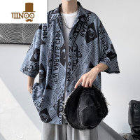 YANXU港风复古报纸印花短袖衬衫男ins设计感夏季潮牌帅气百搭衬衣外套