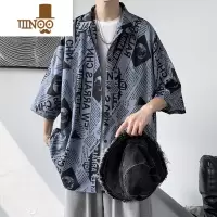 YANXU港风复古报纸印花短袖衬衫男ins设计感夏季潮牌帅气百搭衬衣外套