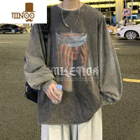 YANXU欧美高街vibe加绒卫衣男潮牌美式水洗做旧无帽长袖T恤