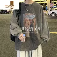 YANXU欧美高街vibe加绒卫衣男潮牌美式水洗做旧无帽长袖T恤