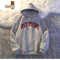 YANXU灰色卫衣男春宽松字母印花连帽美式风加绒加厚上衣