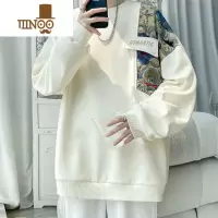 YANXU新中式小熊刺绣拼接卫衣男秋季国潮大码oversize百搭圆领上衣学生