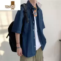 YANXU港风复古牛仔衬衫夏季男款潮牌短袖衬衣青少年宽松休闲工装薄外套