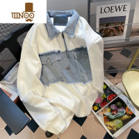 YANXU欧美高街复古牛仔拼接polo领卫衣男女宽松国潮半拉链工装外套