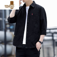 YANXU夏季男士七分袖衬衫工装多口袋中袖衬衣宽松韩版潮流休闲短袖