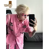 YANXU粉色牛仔衬衫短袖潮牌痞帅炸街廓形衬衣男款夏季美式工装t恤外套