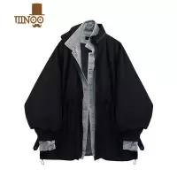 YANXU2-300斤男装宽松连帽假超大码外套潮胖mm韩版休闲牛仔拼接显
