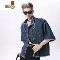 YANXU短袖垫肩牛仔外套男小众设计感 美式复古高街男士痞帅毛边夹克潮
