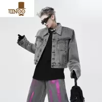 YANXU假设计感牛仔外套男 美式高街废土风复古短款泼墨灰色夹克潮