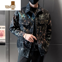 YANXU男士网红痞帅扎染牛仔夹克青少年韩版修身翻领褂子渐变外套