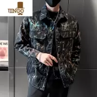 YANXU男士网红痞帅扎染牛仔夹克青少年韩版修身翻领褂子渐变外套