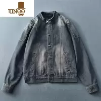 YANXU复古做旧机车至爱立领宽松耐磨牛仔夹克重水洗工艺外套男潮