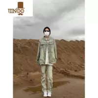 YANXU美式街头Vibe黄泥做旧水洗翻领牛仔夹克男女复古潮牌拉链情侣外套