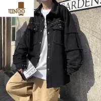 YANXU国潮牌金属朋克设计感黑色牛仔外套男高街痞帅宽松毛边夹克