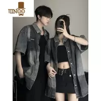 YANXU美式撞色拼接情侣款牛仔短袖衬衫男女夏季ins宽松感痞帅外套