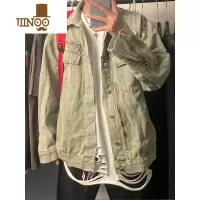 YANXUYYHX美式复古街头做旧拉链牛仔外套男黄泥色宽松百搭夹克上衣潮