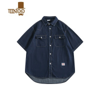 YANXU日系复古潮牌夏季宽松牛仔短袖衬衫文艺青年工装衬衣男女叠穿外套