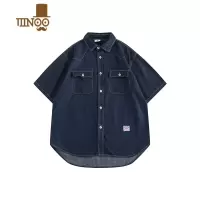 YANXU日系复古潮牌夏季宽松牛仔短袖衬衫文艺青年工装衬衣男女叠穿外套