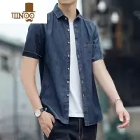 YANXU夏季男士宽松休闲牛仔衬衣时尚短袖衬衫薄款潮流外套大码男装