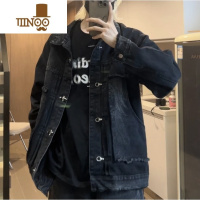 YANXUKKDCR美式宽松百搭水洗秋季男女夹克复古街头设计感牛仔外套上衣