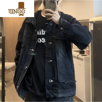 YANXUKKDCR美式宽松百搭水洗秋季男女夹克复古街头设计感牛仔外套上衣