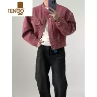 YANXU藕粉色垫肩牛仔外套男cleanfit美式高街vibe无领夹克短款痞帅