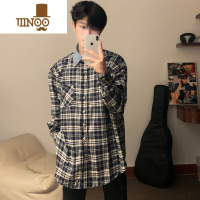 YANXURTIM复古藏青格子衬衫cleanfit高街磨毛牛仔领拼接衬衣外套