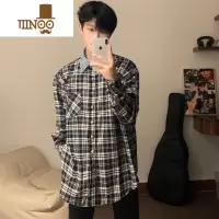 YANXURTIM复古藏青格子衬衫cleanfit高街磨毛牛仔领拼接衬衣外套