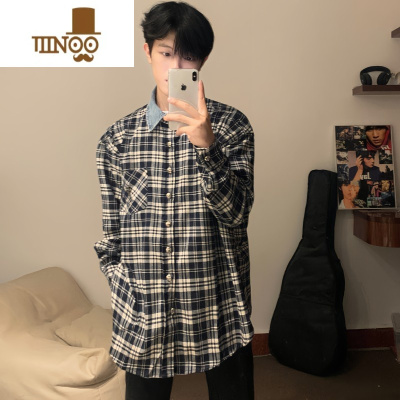 YANXURTIM复古藏青格子衬衫cleanfit高街磨毛牛仔领拼接衬衣外套