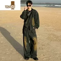 YANXU美式复古牛仔套装男春季新款潮男穿搭全身水洗做旧休闲时尚套