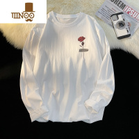 YANXU港味ins玫瑰印花长袖t恤男宽松打底衫情侣潮流痞帅休闲上衣