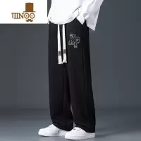 YANXU休闲裤子男士2023新款秋季印花运动裤黑色宽松直筒垂感阔腿长裤男