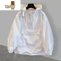 YANXU300斤特大码简约连帽冲锋衣200斤外套男女秋新款宽松工装拼接风衣