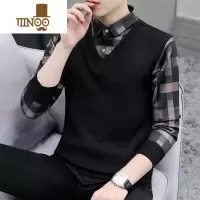 YANXU男士长袖衬衫潮牌百搭格子拼接假衬衣帅气休闲外套衣服
