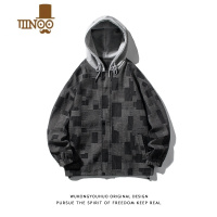 YANXU潮牌格子连帽拼接夹克男秋季街头宽松bf情侣潮流百搭外套