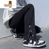 YANXU黑色牛仔裤男潮牌宽松百搭设计感排扣裤美式vibe高街微喇裤子