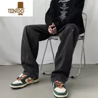 YANXU美式高街裤子男hiphop夏季新款泼墨牛仔裤直筒宽松国潮拖地阔腿裤