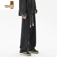 YANXU黑色牛仔裤男美式高街潮牌宽松阔腿长裤夏季直筒复古抽绳裤子