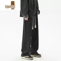 YANXU黑色牛仔裤男美式高街潮牌宽松阔腿长裤夏季直筒复古抽绳裤子